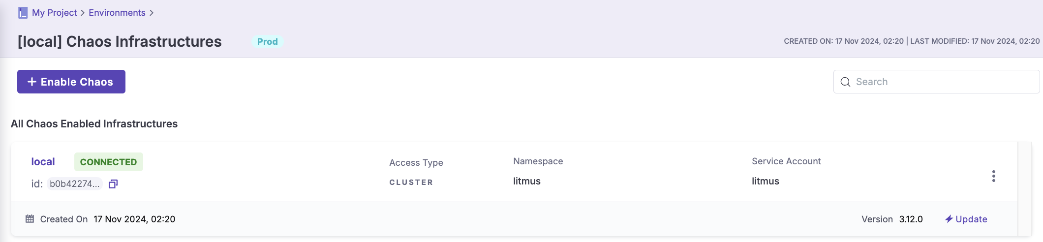 local environment showing connected status